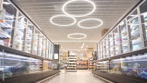 Shopping row with food refrigerators 