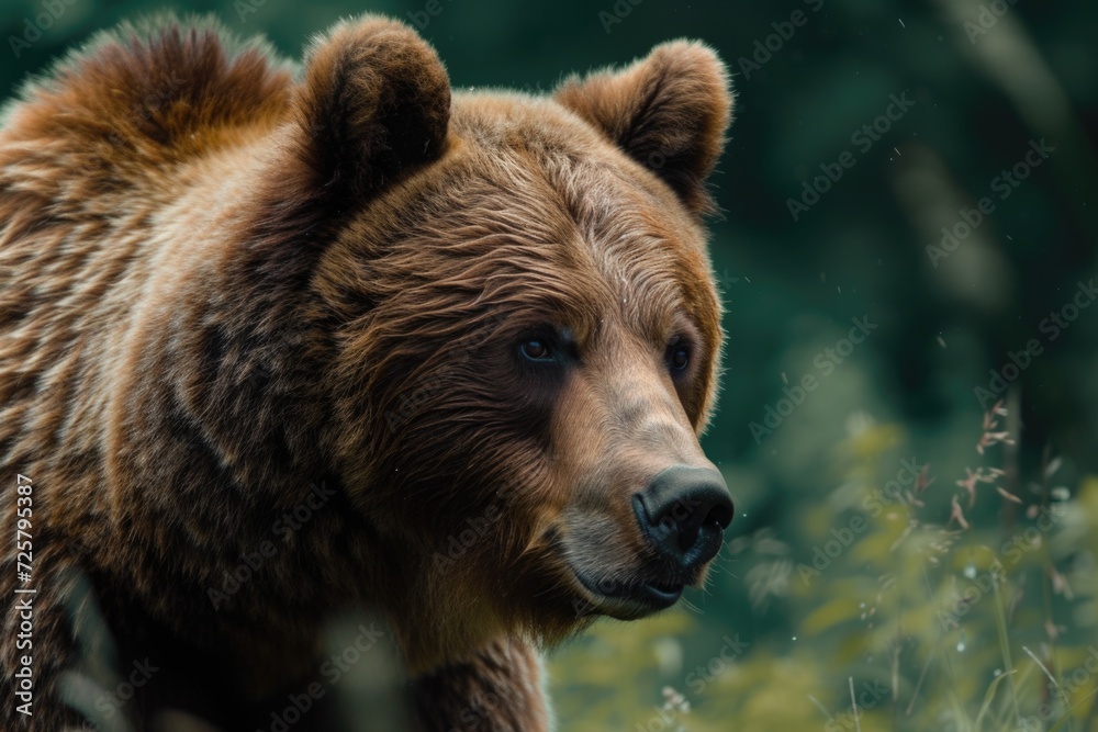 A large brown bear walking through a lush green forest. Perfect for nature and wildlife themes
