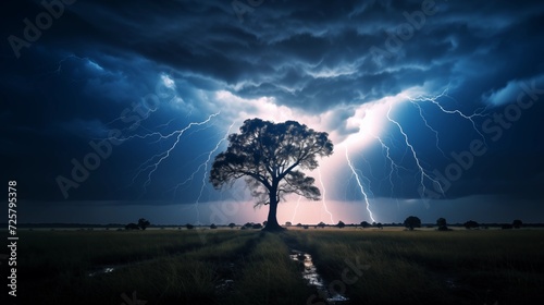Capture a single bolt of lightning striking a distant tree, illuminating the landscape for a fleeting moment