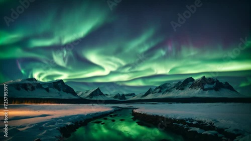 Winter landscape with aurora borealis. AI photo