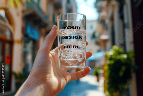 MOCK UP - hand holding a transparent high ball glass closeup, european city background