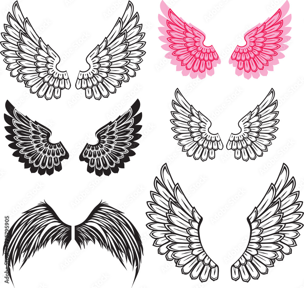 Set of wings isolated on White background. Angelic emblem, black pencil drawing, icon collection, sketch style feather, Vector illustration Set of wings isolated on White background. Angelic emblem, black pencil drawing, icon collection, sketch style feather, Vector illustration