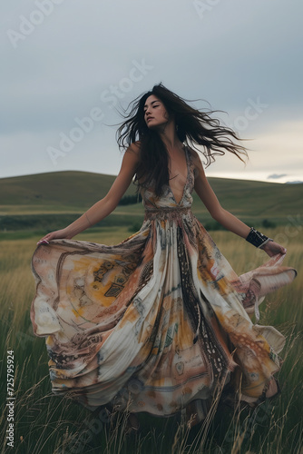 An individual donning a flowy, bohemian maxi dress, radiating free-spirited charm.