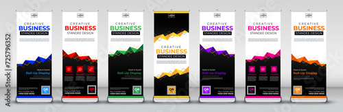 Business Roll up banner vertical template design for events, brochure, flyer, infographics, x banner and flag banner advertising in blue, red, green, yellow, purple, pink and orange