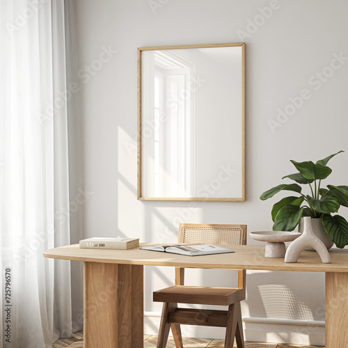 Fototapeta Naklejka Na Ścianę i Meble -  Frame mockup, ISO A paper size. Living room wall poster mockup. Interior mockup with house background. Modern interior design. 3D render
