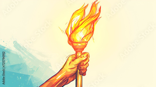 Hand holds burning torch with flame on light background, copy space. Burning torch illustration on white, 2D. Symbol of competitions, victory, peace. Abstract fiery torch, hand drawn design