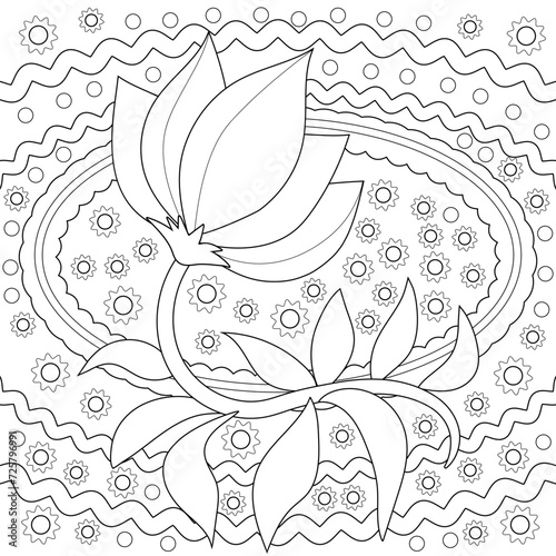 a flower on a background of stars and wavy stripes. a floral pattern. a fancy black-and-white contour picture. a hand-drawn drawing. decorative cover. coloring book for children and adults.