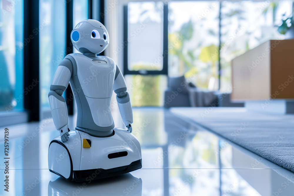 A robot assistant helping with household chores in a modern home, symbolising the role of robotics in everyday life A robot assistant helping with household chores in a modern home, symbolising the role of robotics in everyday life