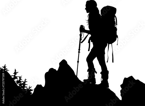 Hiking silhouette vector. Adventure silhouette vector. Mountain hiking silhouette. People with backpack vector silhouettes. Hiking group. AI generated illustration.