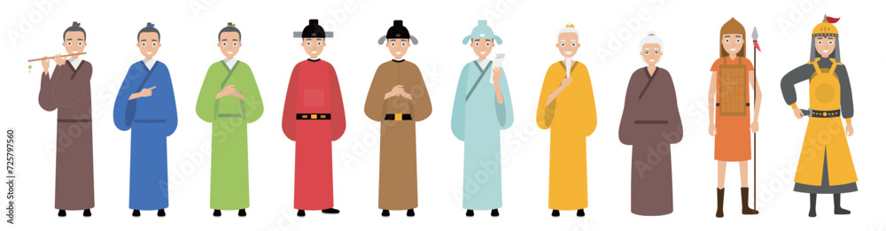 Cartoon traditional Chinese characters collection of Asian characters in traditional clothes vector illustrations. Japanese or Chinese people wearing kimono, national costume, on white background. 