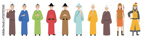Cartoon traditional Chinese characters collection of Asian characters in traditional clothes vector illustrations. Japanese or Chinese people wearing kimono, national costume, on white background. 