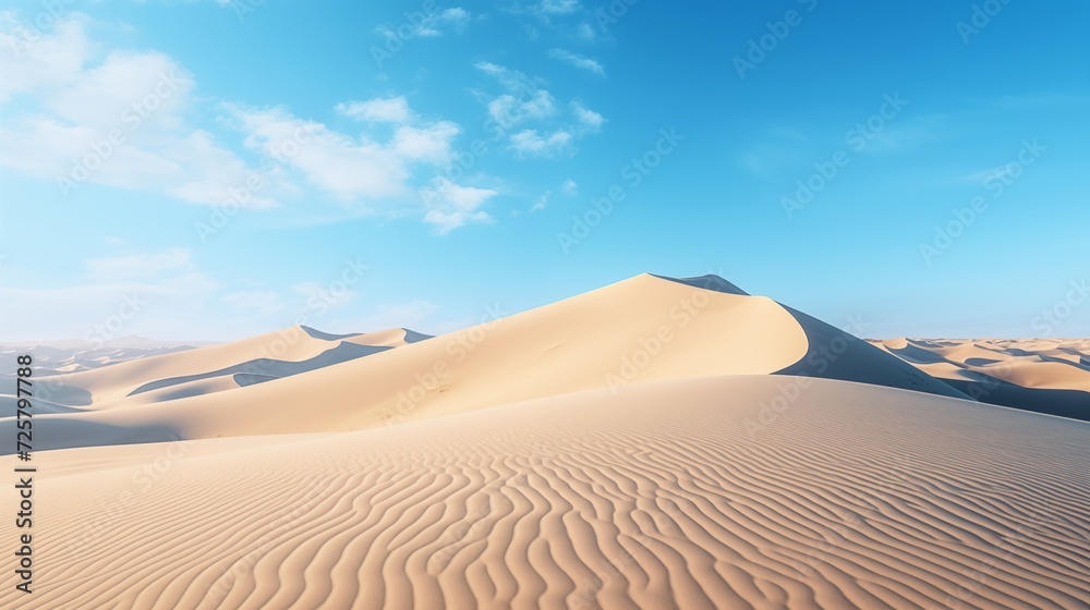 Expansive views of dynamic sand dunes set against a clear blue sky, showcasing their ever-changing shapes