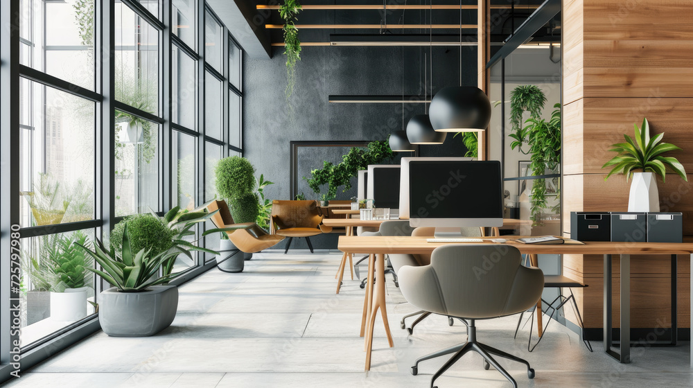 Sunny modern office interior embracing biophilic design, with large ...