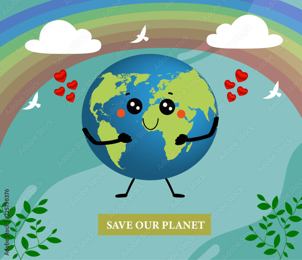 Concept eco friendly world environment day and earth day. Vector Illustration. Planet earth, red hearts, clouds, birds, rainbow, plants on a blue background