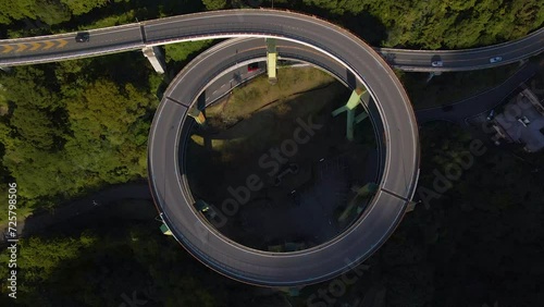 Cinematic aerial shot of Kawazu-Nanadaru Loop Bridge in Kawazu City, Shizuoka prefecture, Japan