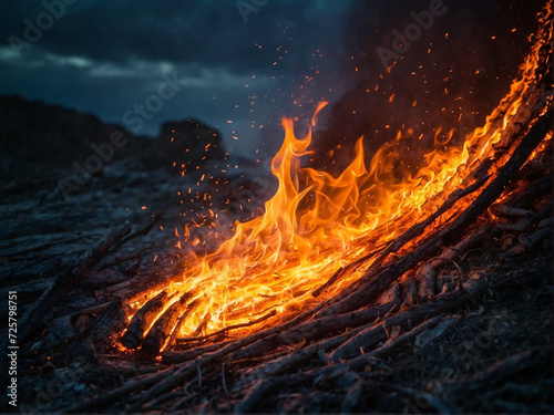 A Mesmerizing Image of a Bonfire Illuminating the Coastal Night, With Selective Focus Emphasizing the Dancing Flames Against the Darkening Evening Sky