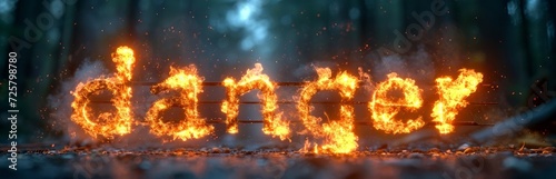 "Danger" text consisting of fiery letters that burn and sparkle on a dark background. Hot flame of fire. Concept: life danger and risky circumstances, warning or urgent evacuation. 