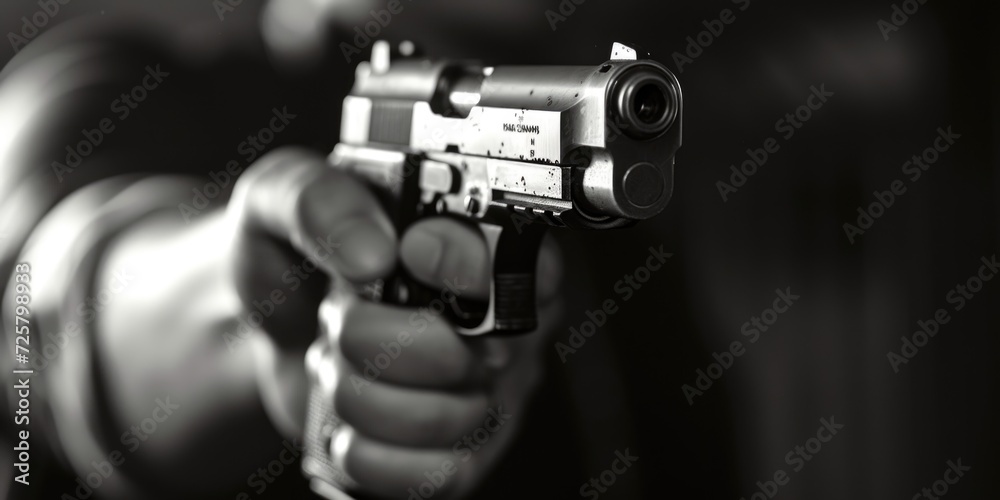 A person holding a gun in their hand. This image can be used to depict various concepts related to weapons, self-defense, crime, law enforcement, and danger A person holding a gun in their hand. This image can be used to depict various concepts related to weapons, self-defense, crime, law enforcement, and danger