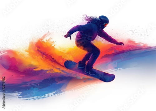Snowboarder surcando la nieve con su tabla, tonos vibrantes, azules, naranjas, violetas, morados sobre fondo blanco. Deporte extremo, actividad al aire libre, montaña, nieve, invierno, adrenalina pura