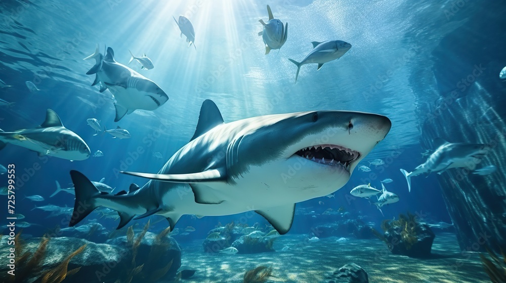 Fototapeta premium Group of dolphins seen from underwater in blue ocean view with sunlight for animal background. Created with Generative AI