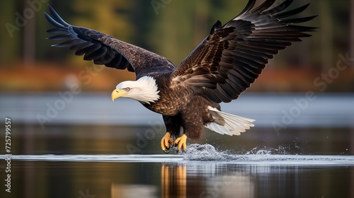 High-resolution shots capturing the majestic beauty of bald eagles soaring gracefully over a serene lake