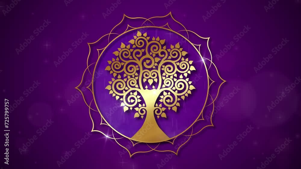 Video animation gold tree of life, sacred geometry. Golden Lotus flower in the moving purple space background. Loop Animation. Meditative Mandala of Bodhi's tree