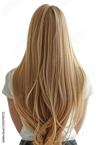 Back view of beautiful girl with long smooth blond hair.