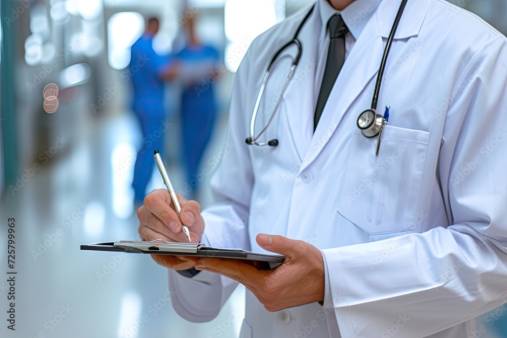 Male doctor writes notes on the clipboard in the hospital Male doctor writes notes on the clipboard in the hospital