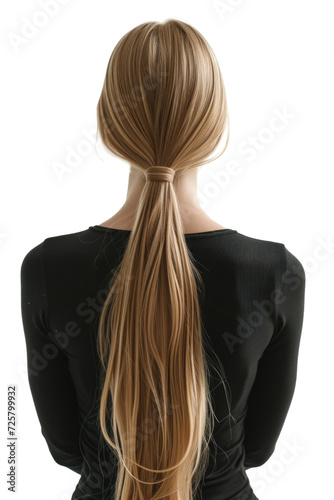 Back view of beautiful girl with long smooth blond hair.