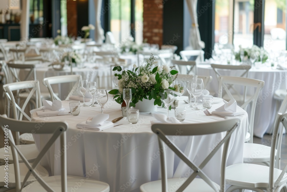 The white round banquet tables in the restaurant. Stylish event decor. The white round banquet tables in the restaurant. Stylish event decor.