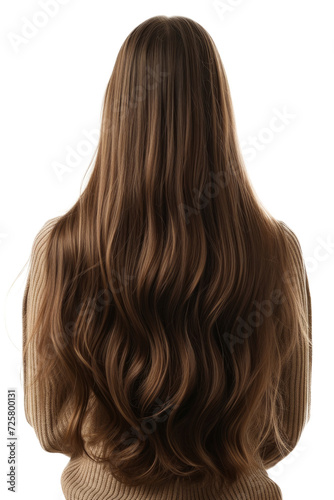 Back view of beautiful girl with long smooth brown hair isolated.