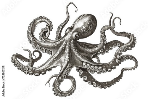 Tentacles of an octopus. Engraving technique isolated on white background. photo