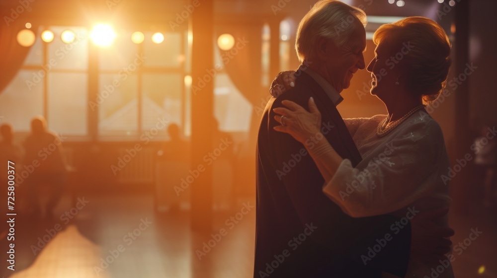 Senior couple engaged in a heartfelt dance amidst a warm, sunlit ballroom, evoking an air of romance and timeless grace