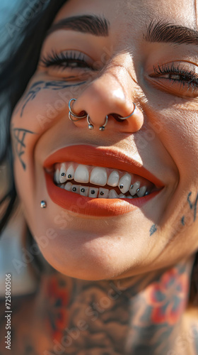Tattooed woman with silver dental grillz and red lipstick