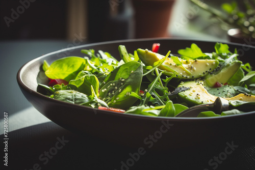 Frischer, knackiger gemischter Salat in einer dunklen Bowl photo