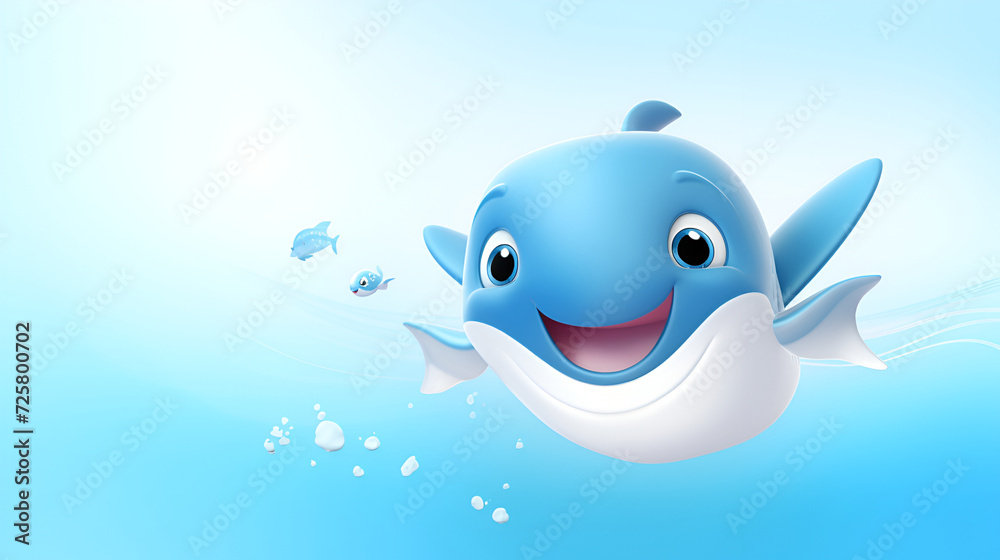 Cute blue whale on a blue water background, funny cheerful cartoon character, close-up Cute blue whale on a blue water background, funny cheerful cartoon character, close-up