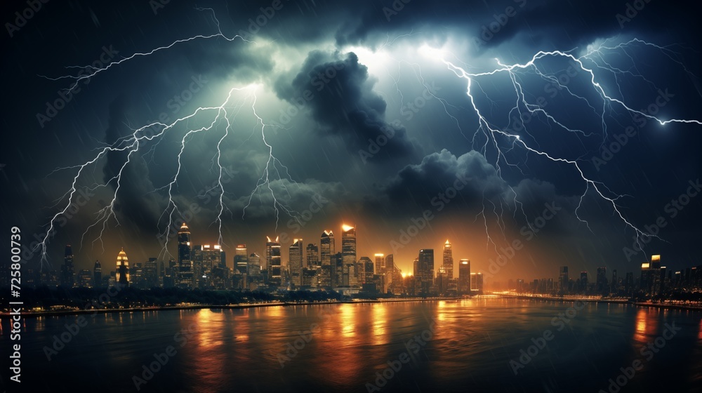 Lightning bolts illuminating the sky above a city skyline during a dramatic storm