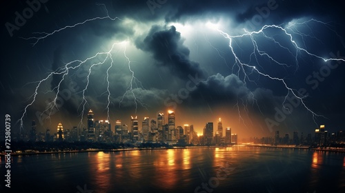 Lightning bolts illuminating the sky above a city skyline during a dramatic storm