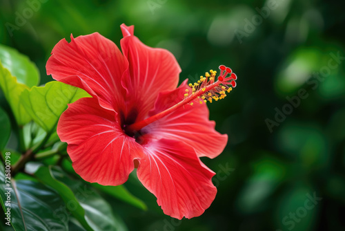 close-up of a blooming hibiscus flower, its petals a vibrant shade of red photo