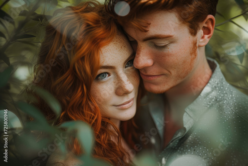 couple with a red hair and a hazel eyes and a professional overlay on the forest