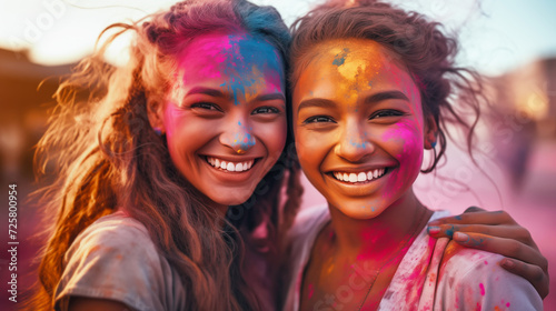 Joyful girlfriends with colorful faces celebrating Holi festival of colors