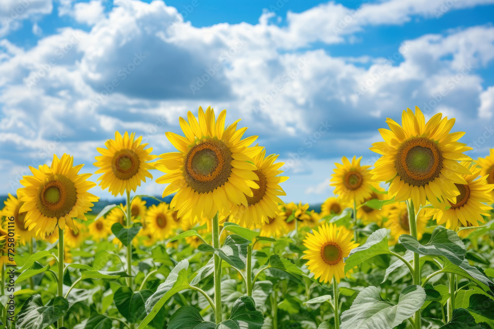 field of sunflowers, with a blue sky and white clouds