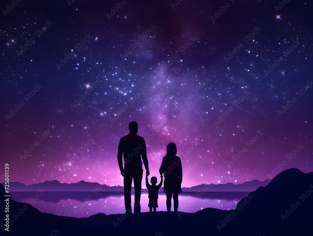 Silhouettes of family in the night sky with stars 