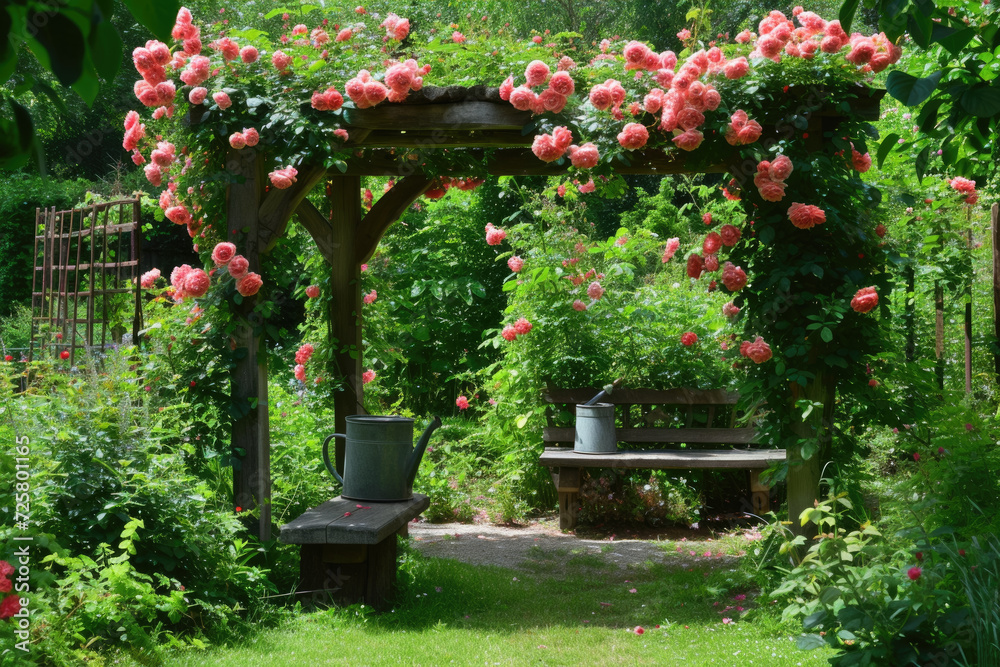 garden with a trellis and roses, with a bench and a watering can