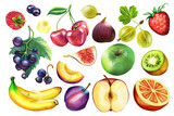 A large collection of ripe fruits and berries on a white isolated background: apple, banana, fig, raspberry, strawberry, currant, gooseberry, plum, kiwi and orange