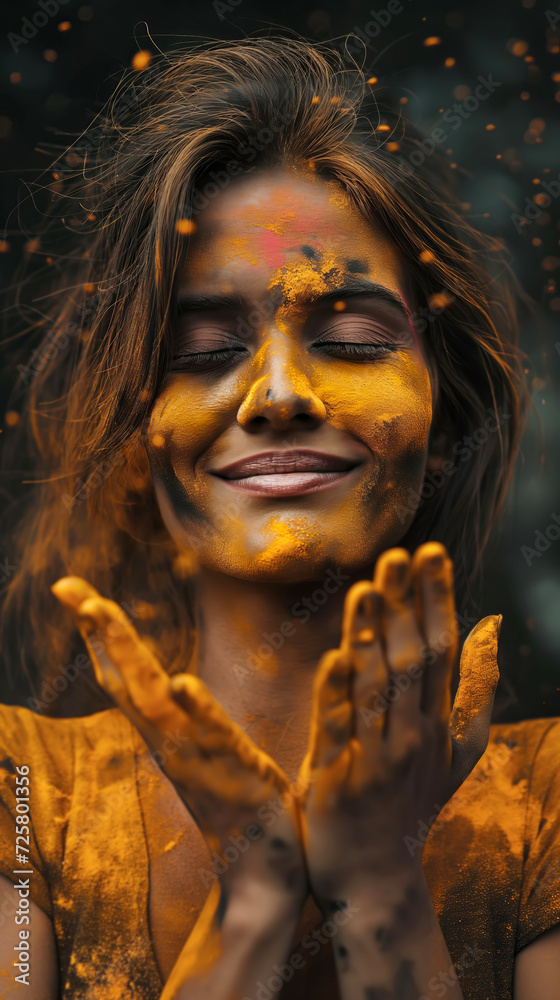 Happy Young Indian woman with colorful Holi powder smiling surrounded by paint particles