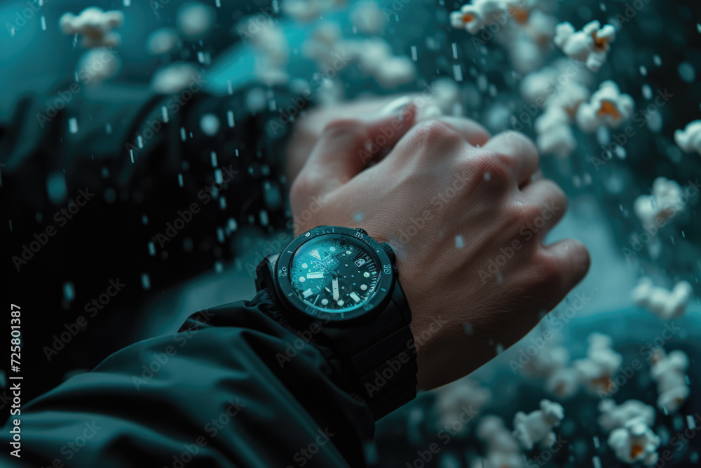 movie with a black color and a popcorn and a professional overlay on the watch
