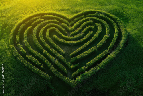 heart-shaped maze in a lush, green field