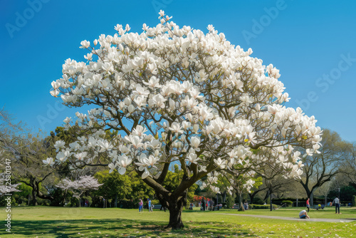 magnolia tree in full bloom in a park, its white flowers standing out against the clear blue sky