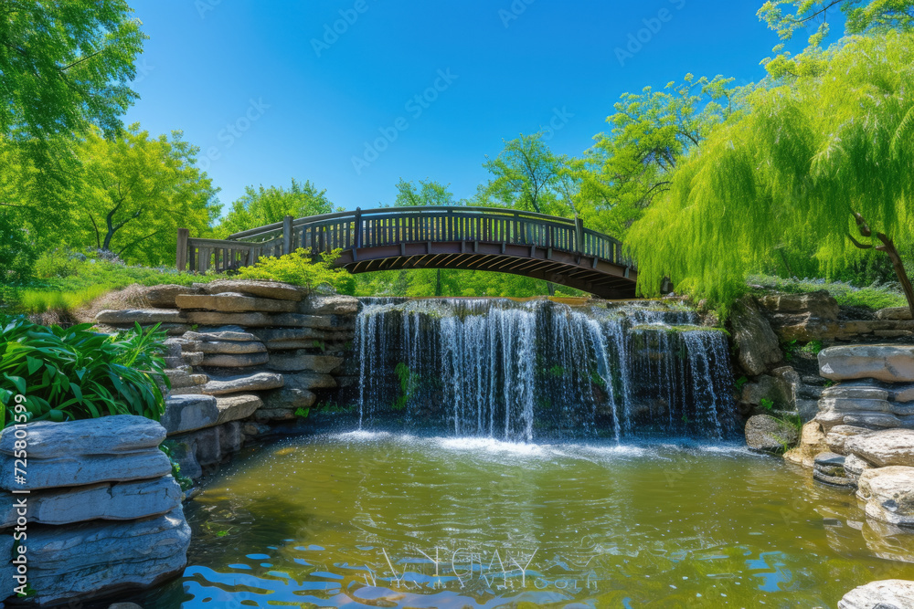 pond with a waterfall and a bridge, with a blue sky and green trees pond with a waterfall and a bridge, with a blue sky and green trees